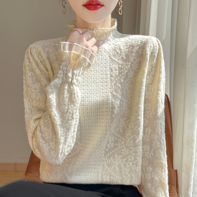 Elegant Ruffled Collar Knit Top for Women, 2024 Autumn and Winter New Lace Half-High Collar Ruffled Edge Base Shirt Inner Wear Top