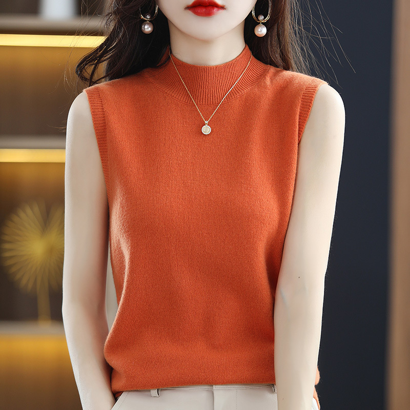 Spring New Sleeveless Women's Half-High Collar Camisole Base Shirt, Solid Color Wool Knit Pullover Vest for Layering under a Blazer
