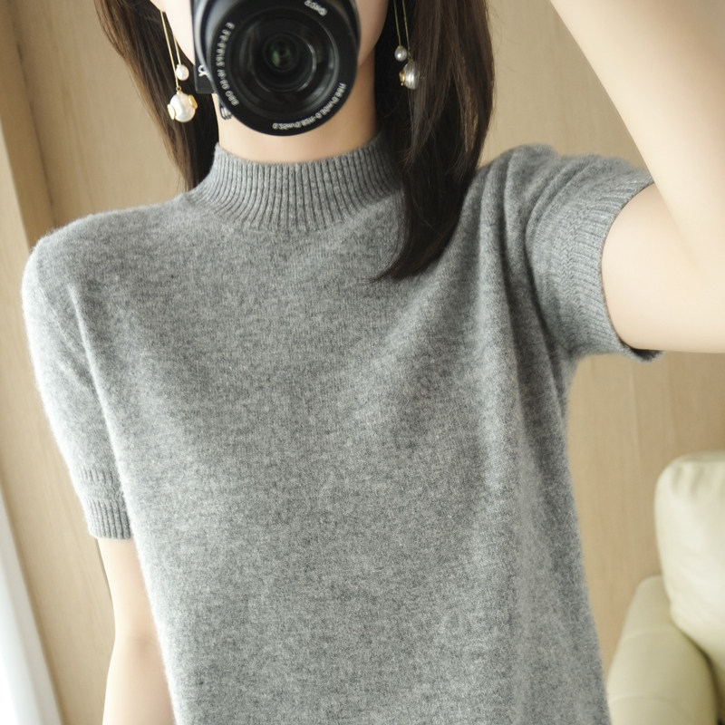 เสื้อสเวตเตอร์ผ้าวูลแขนสั้น คอกึ่งสูง สำหรับผู้หญิง ใส่ได้ทั้งฤดูใบไม้ผลิและฤดูใบไม้ร่วง ทรงหลวม สไตล์ลำลอง ชั้นในแขนสั้น ผ้าถักคอกึ่งสูง แขนสั้น สำหรับฤดูใบไม้ผลิและฤดูใบไม้ร่วง