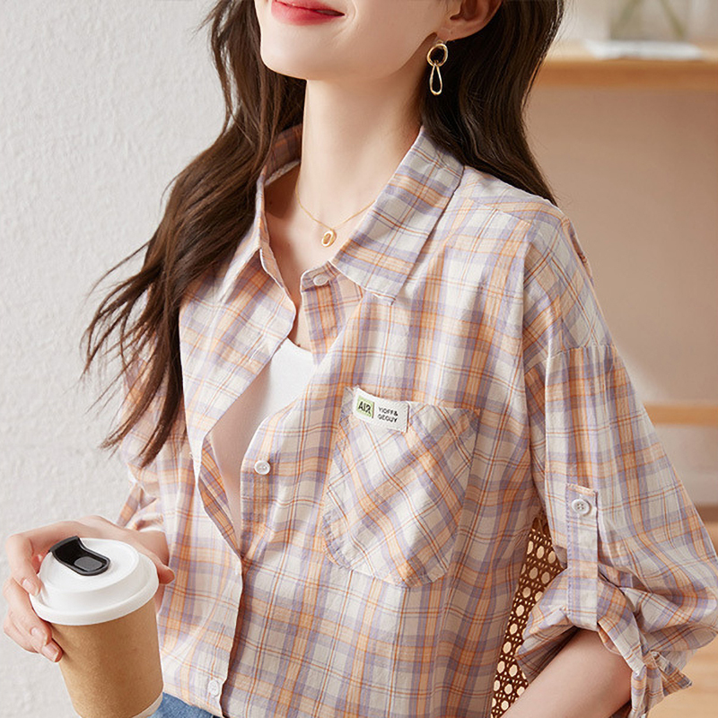 Shirt 2025 New Style Women's High-End Light Luxury Petite Long-Sleeved Plaid Women's All-Cotton Pure Cotton Women's Shirt Shirt 2025 New Style Women's High-End Light Luxury Petite Long-Sleeved Plaid Women's All-Cotton Pure Cotton Women's Shirt