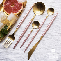 Zhiyu Nordic ins Powder Golden girl heart Portuguese Western food knife fork and spoon 304 stainless steel dessert long ice spoon