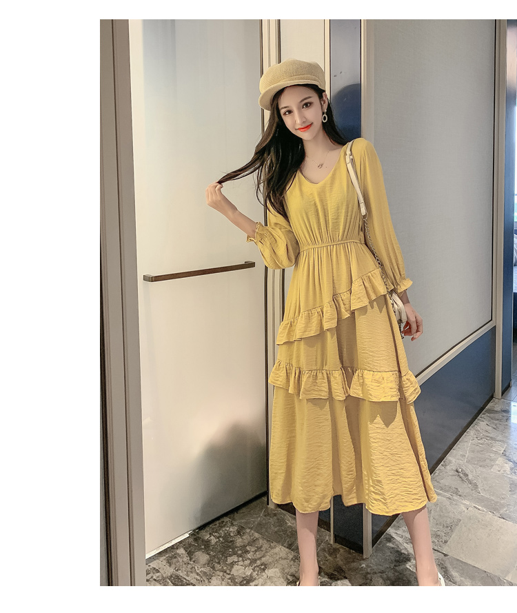 VK旗艦店 韓國風超仙收腰顯瘦荷葉邊蛋糕長版長袖洋裝