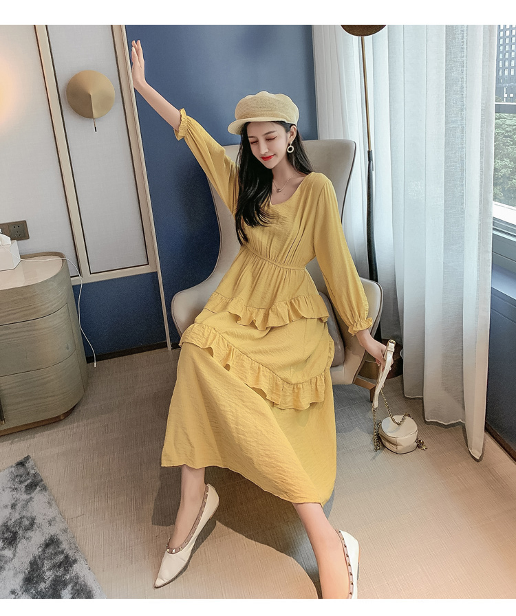 VK旗艦店 韓國風超仙收腰顯瘦荷葉邊蛋糕長版長袖洋裝