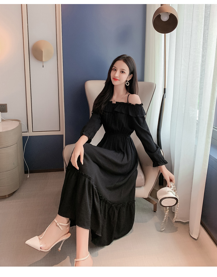 VK旗艦店 韓系超仙細肩帶一字領收腰長版顯瘦長袖洋裝