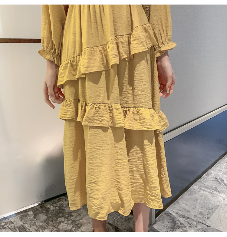 VK旗艦店 韓國風超仙收腰顯瘦荷葉邊蛋糕長版長袖洋裝