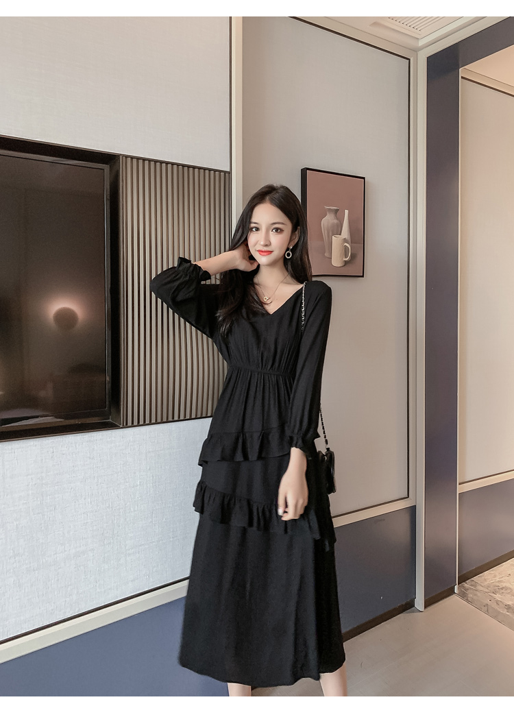 VK旗艦店 韓國風超仙收腰顯瘦荷葉邊蛋糕長版長袖洋裝