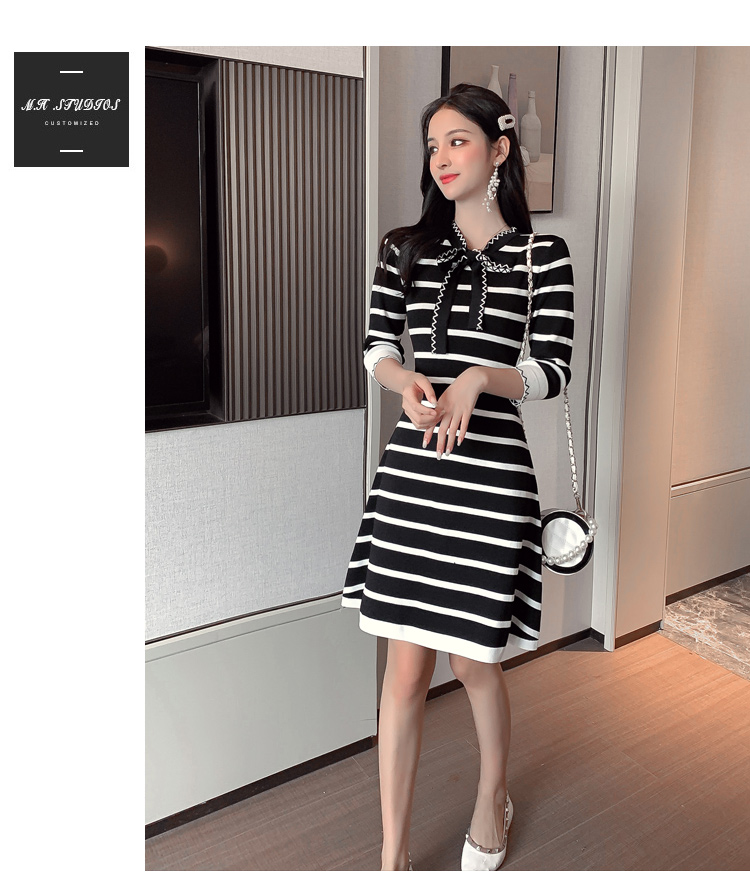 VK旗艦店 韓國小香風收腰顯瘦條紋針織長袖洋裝