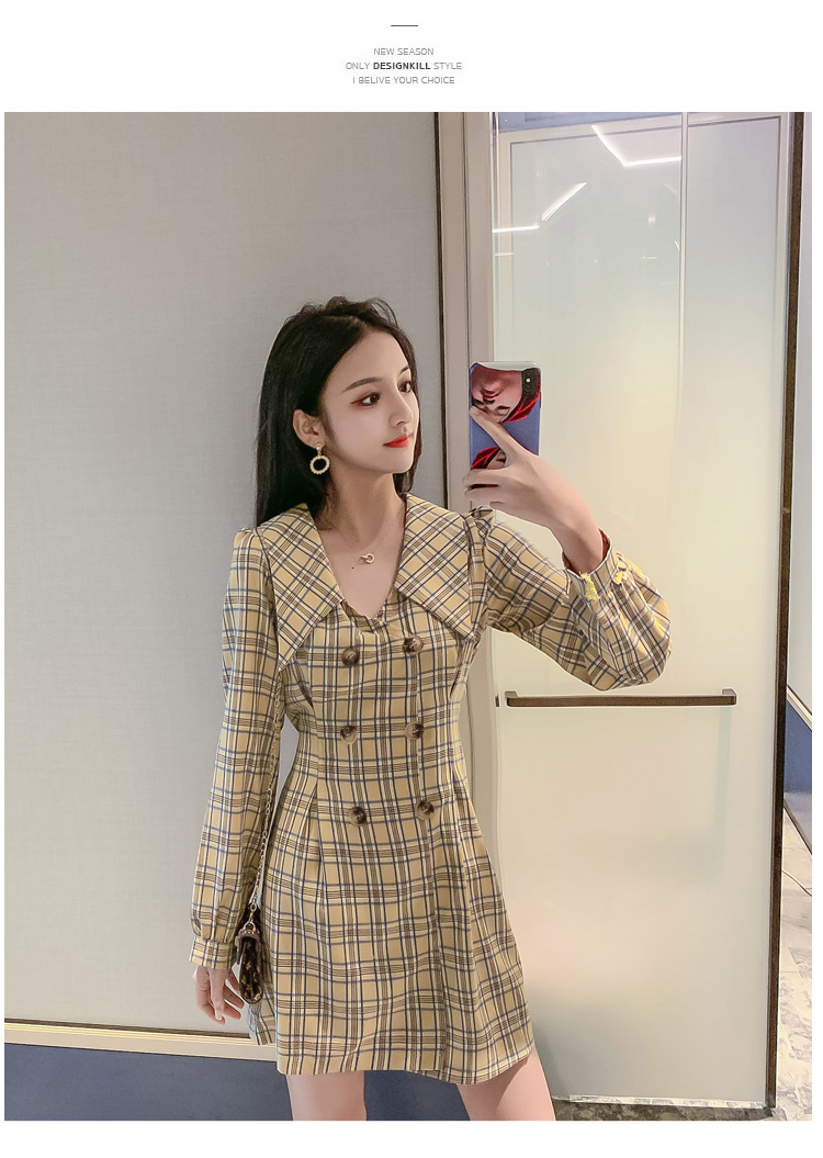VK旗艦店 韓系西裝V領雙排扣收腰格子西裝短版長袖洋裝
