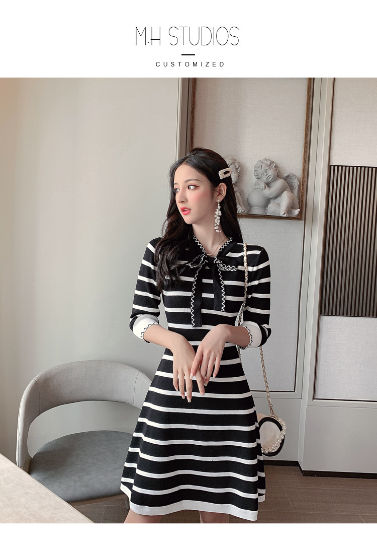 VK旗艦店 韓國小香風收腰顯瘦條紋針織長袖洋裝