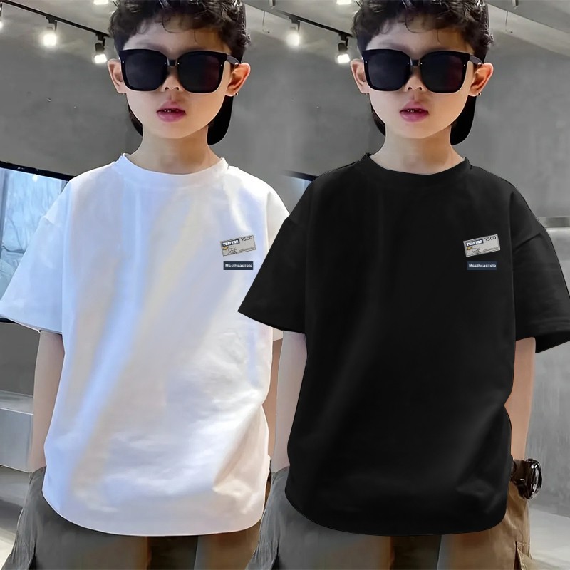 純綿製の男の子用半袖Tシャツ。夏の新作スタイルで、中～大サイズのお子様向け。ゆったりとしたカジュアルでスタイリッシュなトップスです。