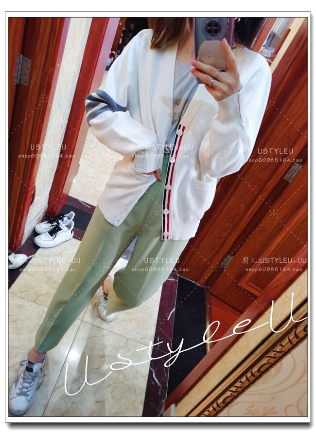 Italian men's tb100% cotton striped cardigan sweater white gray bar