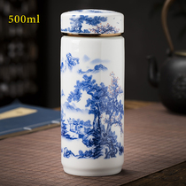 500ml large ceramic cup Jingdezhen double-layer ceramic water cup Office teacup Blue and white porcelain gift cup