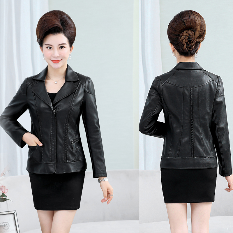 Mẹ Xuân Thu Coat Pu Da của phụ nữ ngắn áo khoác 40-50 Trung niên áo khoác da cho phụ nữ Máy Zipper nữ