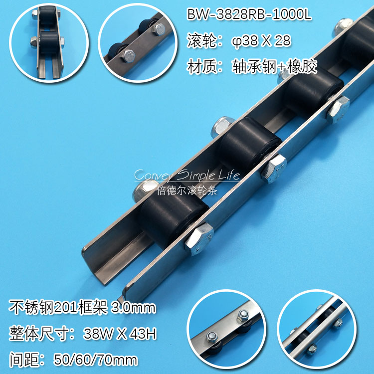 Factory Straight Battalion Polyurethane Coated rubber roller strip stainless steel wrap glue fluent strip slide rail BW-3828RB