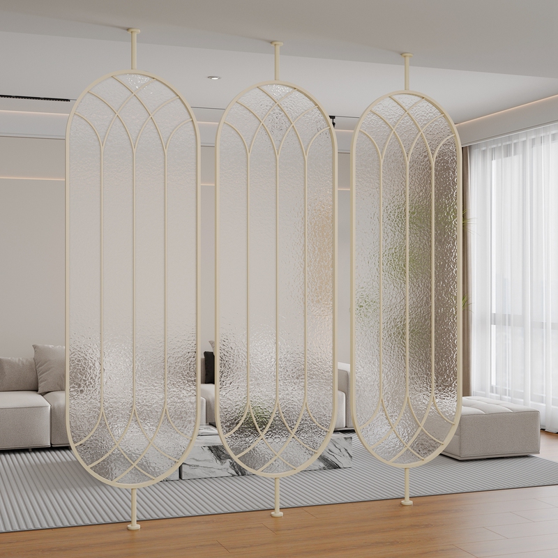 New French-Style Cream-Colored Rotatable Glass Screen Partition for Entryway, Foyer Decoration, Living Room Divider, Simple Design