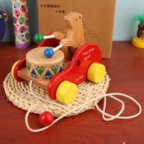 Japanese traditional wooden toy baby bear drumming and dragging toy car Childrens educational walker