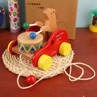 Out of the Japanese traditional wooden toy baby bear drumming toy car children's puzzle Walker