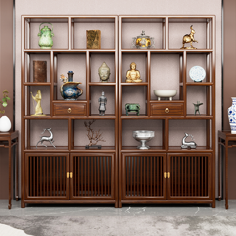 Solid Wood Antique Display Cabinet in New Chinese Style, Elm Tea Display Cabinet, Living Room Antique Partition Shelf Display Cabinet