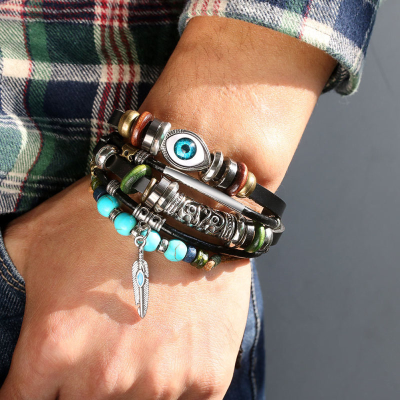 Turkish Blue Eye Leather Cord Bracelet for Men, Niche Internet Celebrity Style, Multi-Layer Bracelet for Female Students, Personalized Forest Style Trend Turkish Blue Eye Leather Cord Bracelet for Men, Niche Internet Celebrity Style, Multi-Layer Bracelet for Female Students, Personalized Forest Style Trend