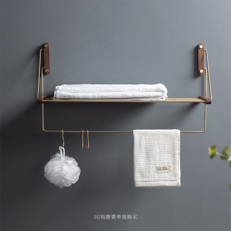 Bath towel rack Powder room towel rack hole-free bathroom shelf Wall-mounted solid wood toilet hanging rod hanging rack storage shelf