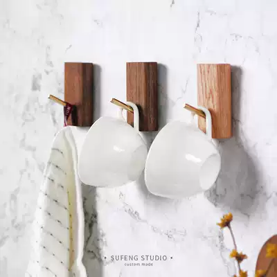 Solid Wood brass key Hook bathroom tile wall hanging nail-free hook door adhesive hook coat hook hook hole-free hole