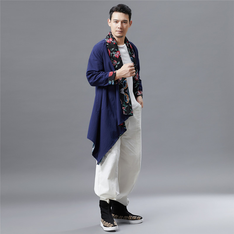 Mùa thu và mùa đông phong cách Trung Quốc áo choàng cotton và vải lanh nam quốc gia hai mặt có thể mặc áo gió dài màu đỏ và xanh dài áo choàng năm mới áo gió 1 lớp cho nam