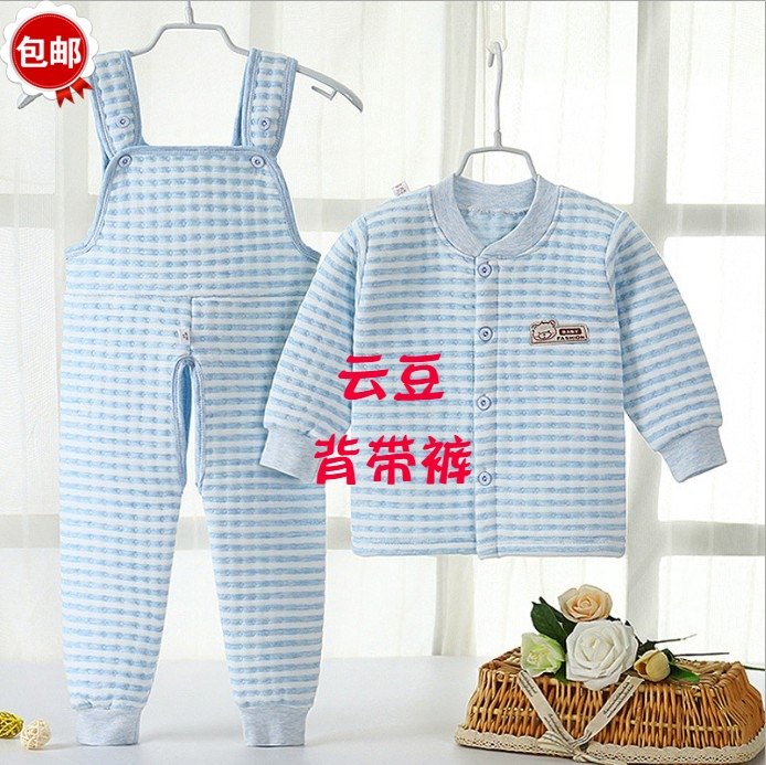 Autumn and winter children's quilted thickened three-layer thermal underwear suit boys and girls pure cotton cardigan bib overalls for big children