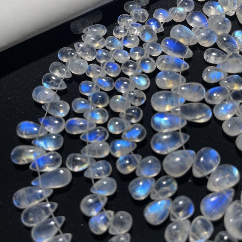 Natural Indian Blue Moonstone Water Drop Perforated Loose Beads Pendant Bare Stone Necklace Bracelet Earrings DIY Semi-Finished Product