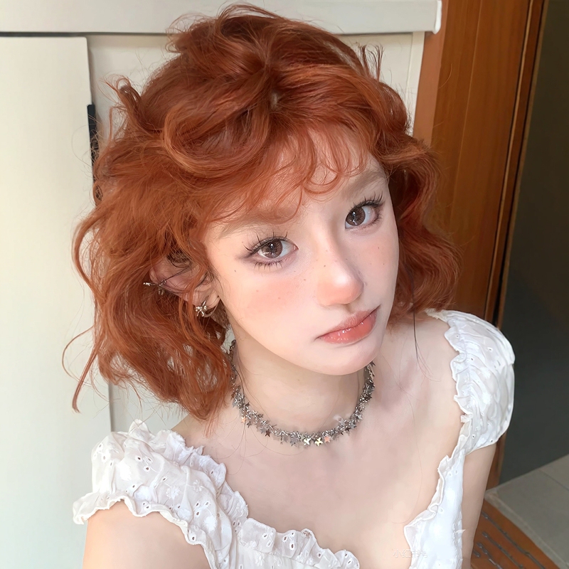 Japanese-Style Orange Wig for Women, Short Hair, Doll Internet Celebrity, Retro Curly Bangs, Wool Curly Wig, Cos