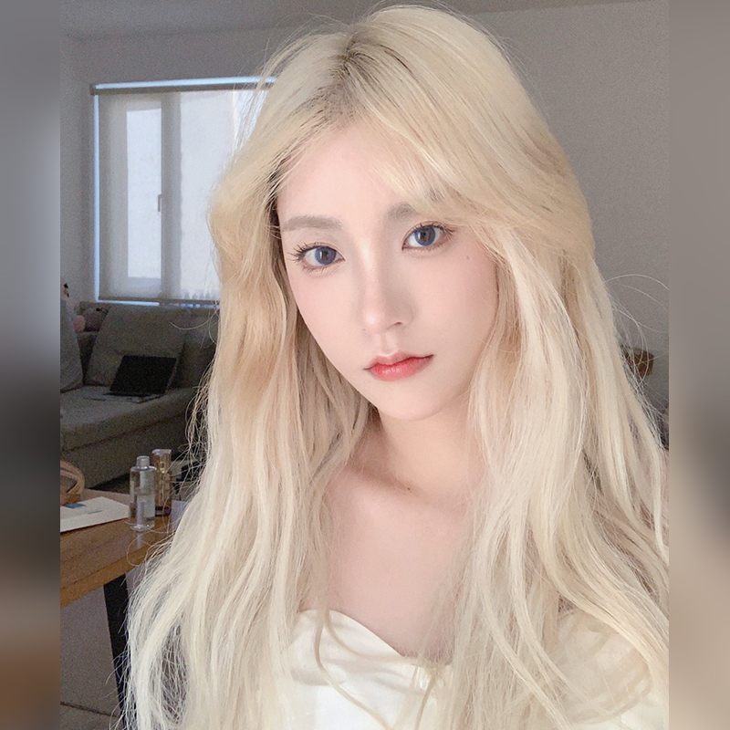 Wig woman long straight hair natural full head lisa with same paragraph Qi and sea round face large face white gold long straight hair headgear