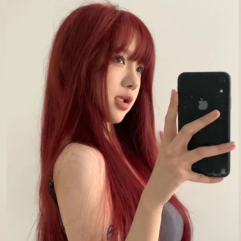 Long Raspberry Wine Red Wig That Makes Skin Look Fairer, Natural Lolita Internet Celebrity Style, Realistic Sweet Long Straight Hair Full Wig for Women