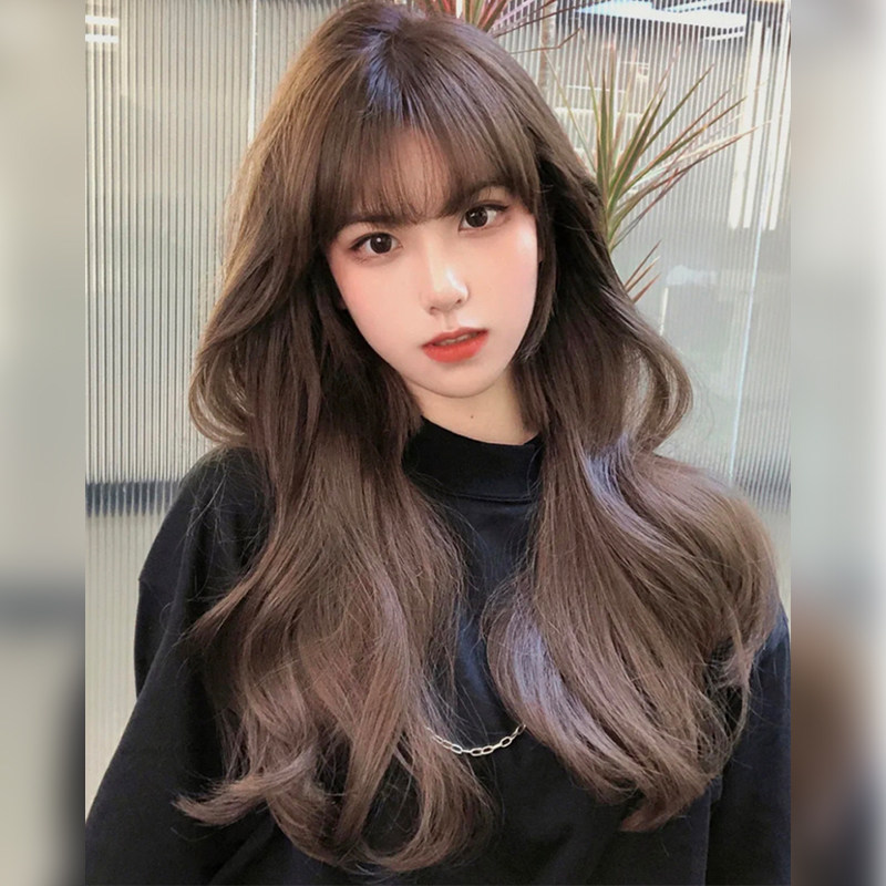 Wig female long hair long curly hair big wave net red round face air bangs simulation human hair simulation full headgear summer
