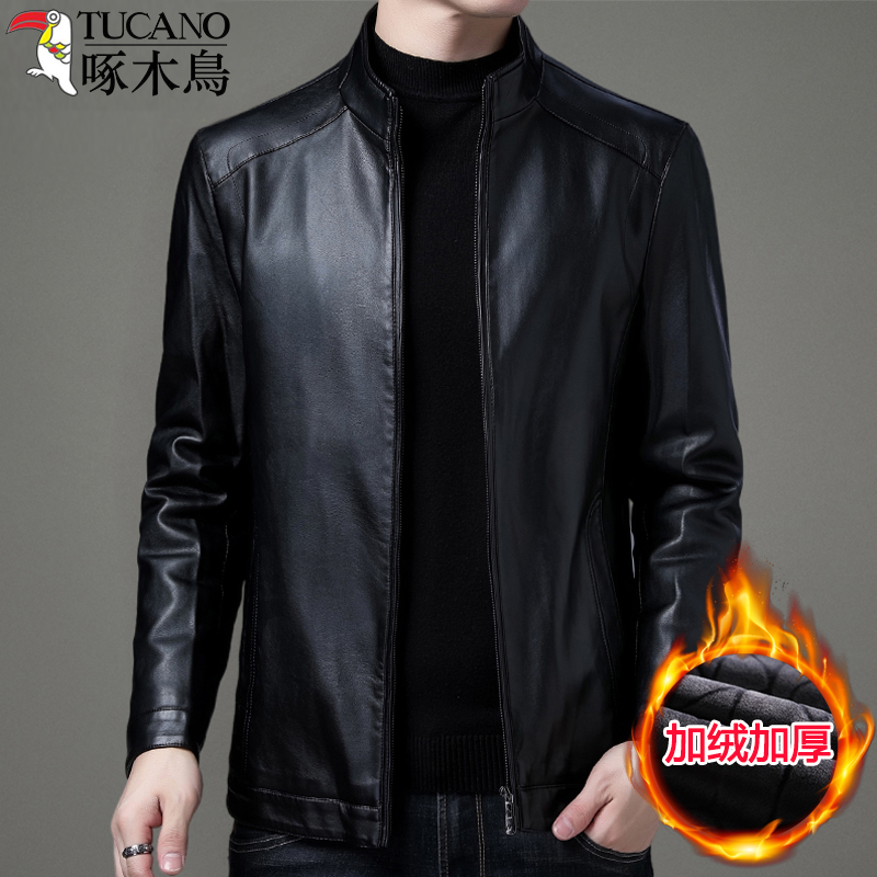 Woodpecker autumn winter soft leather man in leather old dad clothes plug thicker lamb coat