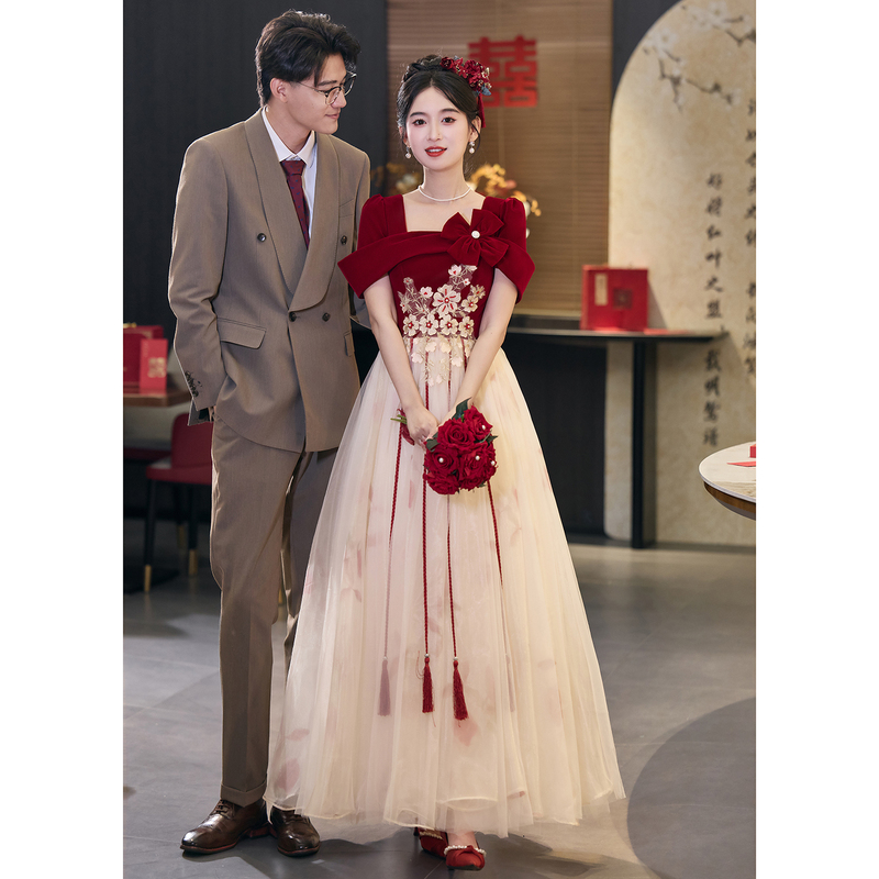 Chinese-Style Wedding Dress for the Bride, 2026 New Spring Engagement Dress, Burgundy Plus Size, Slimming Homecoming Dress
