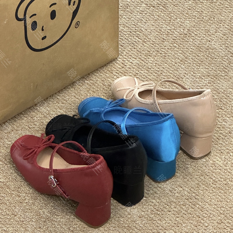 Late Night Lan• Height Increasing 10cm Bow Mary Jane Women's Shoes Versatile Chunky Heel Evening Style Ballet Shoes