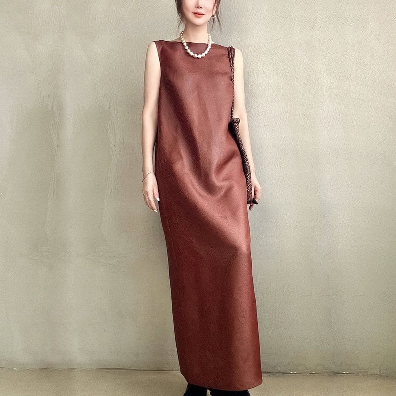 Original Spring and Summer Niche Minimalist Light Luxury Red Silk Cloud Yarn Sleeveless Off-Shoulder Long Dress Elegant Women's Dress