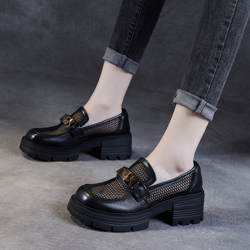 Genuine Leather Mesh Thick-Soled Loafers for Women 2026 Spring and Summer New Breathable Mesh Small Leather Shoes Slip-On Hollow Single Shoes
