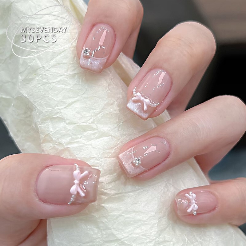 Pink Bow Handmade Wearable Nails Short Style Pearl Cat Eye Manicure High-End French Style Nail Patches