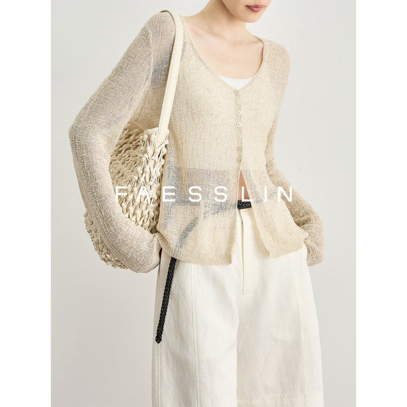 Faesslin Tall [Style Versatile] Linen Knit Cardigan Paired with Long-Sleeved Thin Hollow-Out Top for Summer