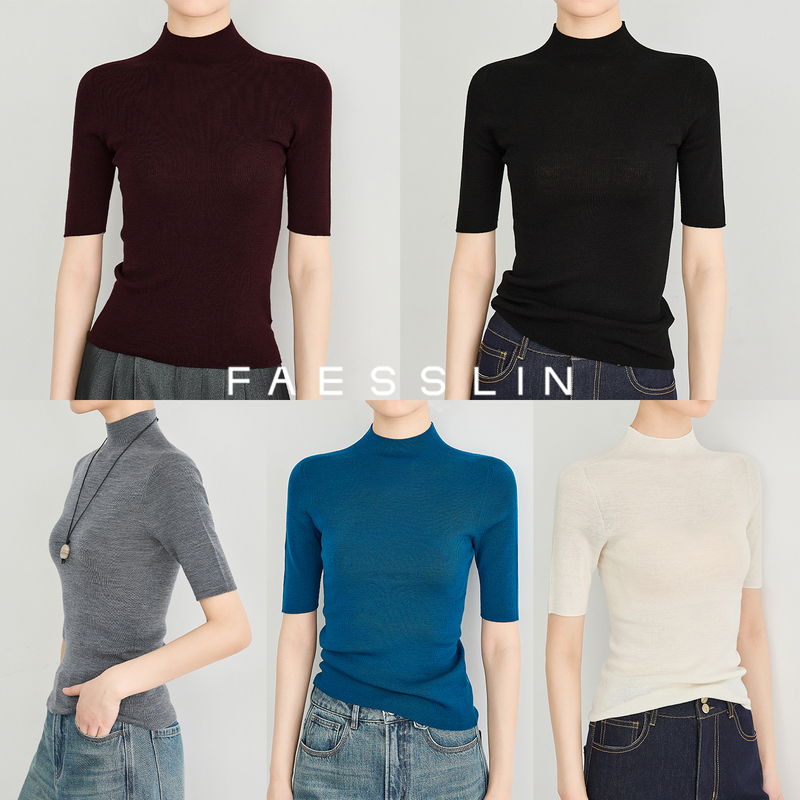 Faesslin【100% Wool】Long Half-Turtleneck Mid-Sleeve Knit Sweater for Tall Women, Slim Fit Base Layer Top