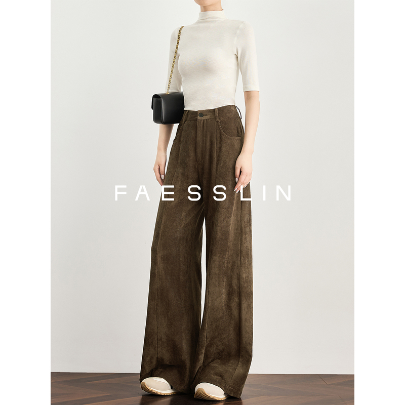 Faesslin Tall [Vintage Latte] Old Money Style Wool Corduroy Wide-Leg Pants Straight Casual Pants Autumn