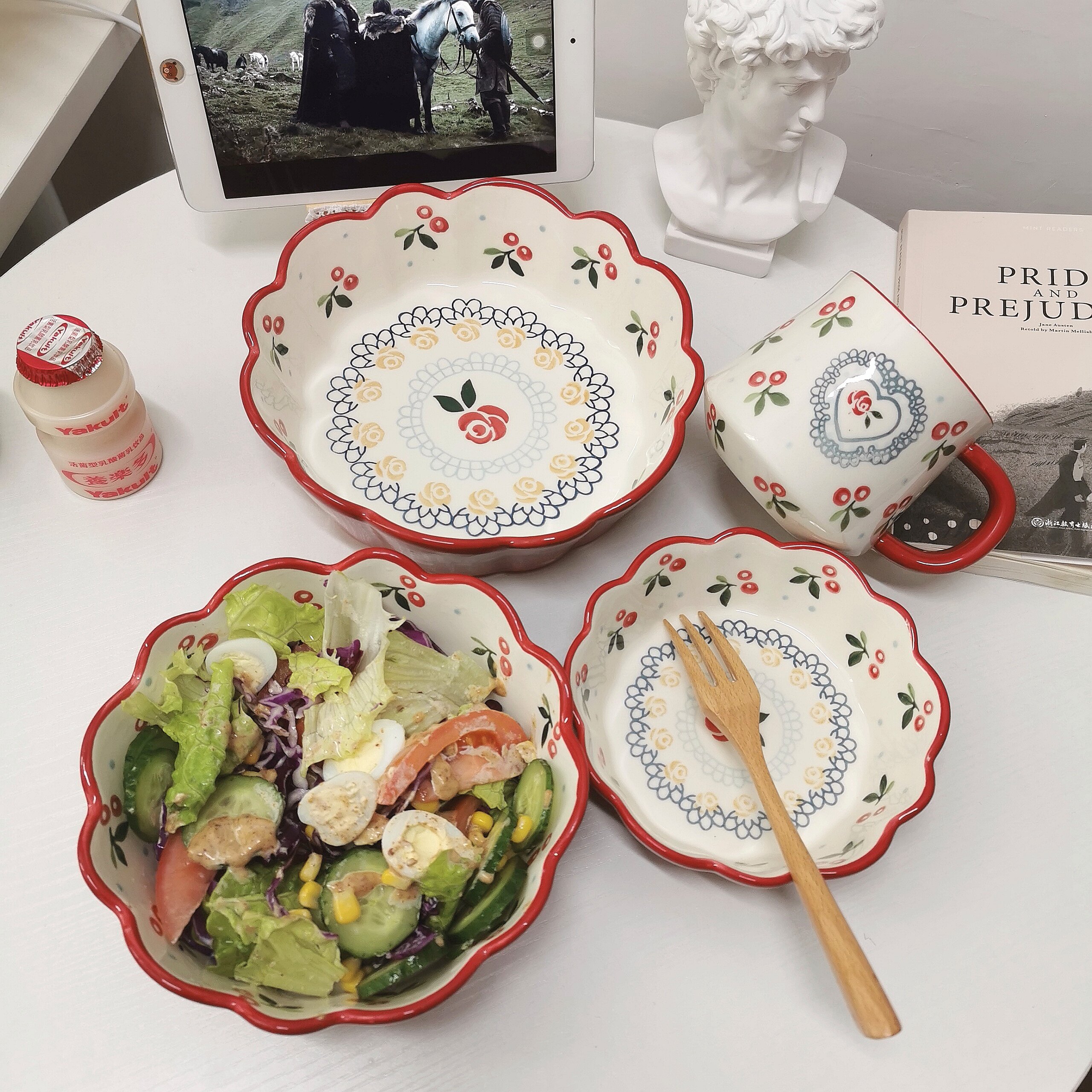 *Pretty Little Aunt* Red Cherry Vintage Lace Bowl Japanese Ceramic Cute Salad Bowl Coffee Cup Couple Cup