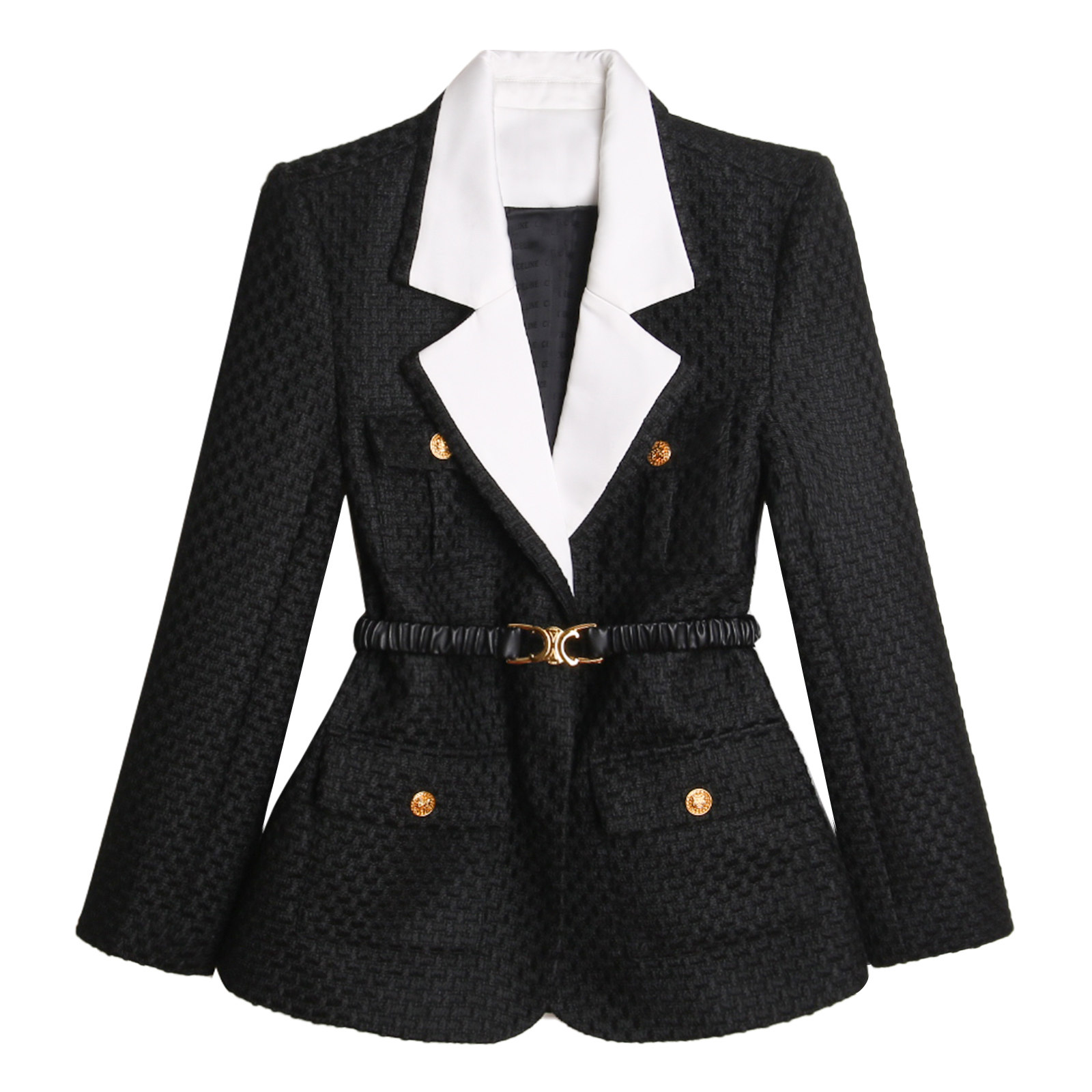 Wool tweed Contrast lapel collar Gold button pocket suit Arc de Triomphe elastic belt