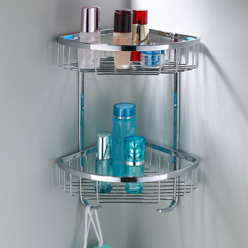 Bathroom shelf wall-mounted shower room toilet double-layer triangle basket stainless steel net basket corner frame storage rack