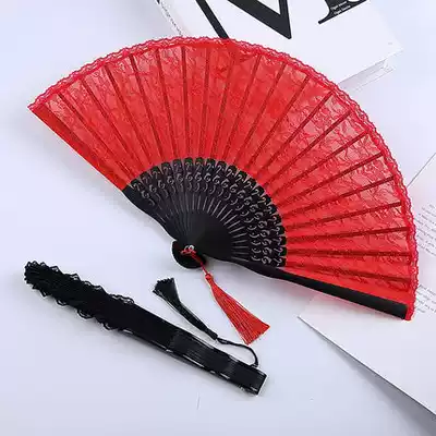 Lace Fan Folding Fan Chinese Classical Women's Style Ju Jingyi Same Big Red Black Folding Dance Fan Square Dance