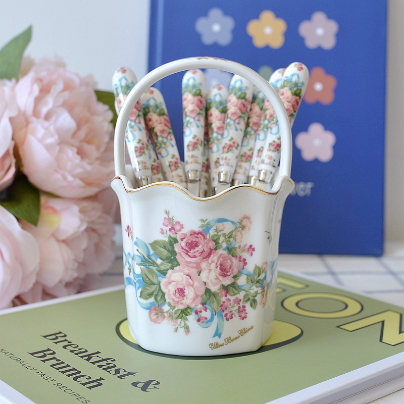 Korean Imported Smf English-Style Rose Bouquet Coffee Spoon Fruit Fork Ceramic Storage Basket Coffee Spoon and Fork Set