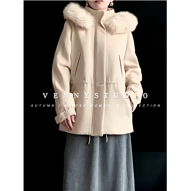 Petite Wool and Cashmere Thickened Parka Fur Coat for Women, New Winter White Ski Jacket, Warm