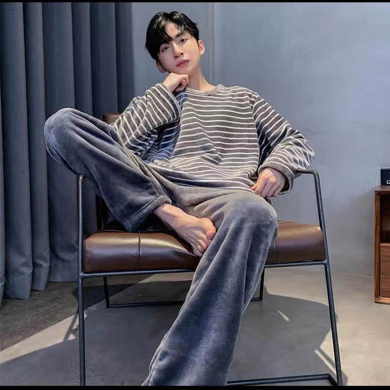 Men's Coral Fleece Pajamas, Winter, Spring and Autumn, Warm, Youth Fashion, Striped Sportswear, Home Wear, Two-Piece Set, High Aesthetic Value Men's Coral Fleece Pajamas, Winter, Spring and Autumn, Warm, Youth Fashion, Striped Sportswear, Home Wear, Two-Piece Set, High Aesthetic Value