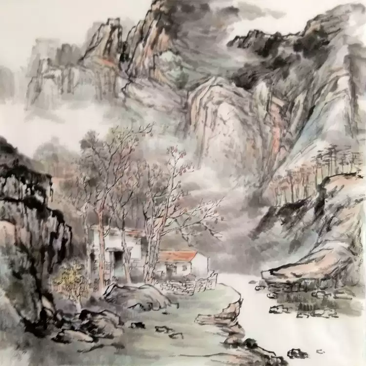 手绘仿白雪石山水国画四尺斗方画心未裱无款水墨客厅书房画廊
