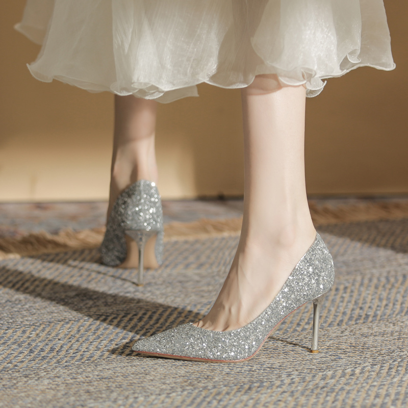 Silver Pointed Sequin Crystal Bridal Wedding Shoes for Women 2026 New French Stiletto Dress Shoes High-Heeled Pumps Silver Pointed Sequin Crystal Bridal Wedding Shoes for Women 2026 New French Stiletto Dress Shoes High-Heeled Pumps